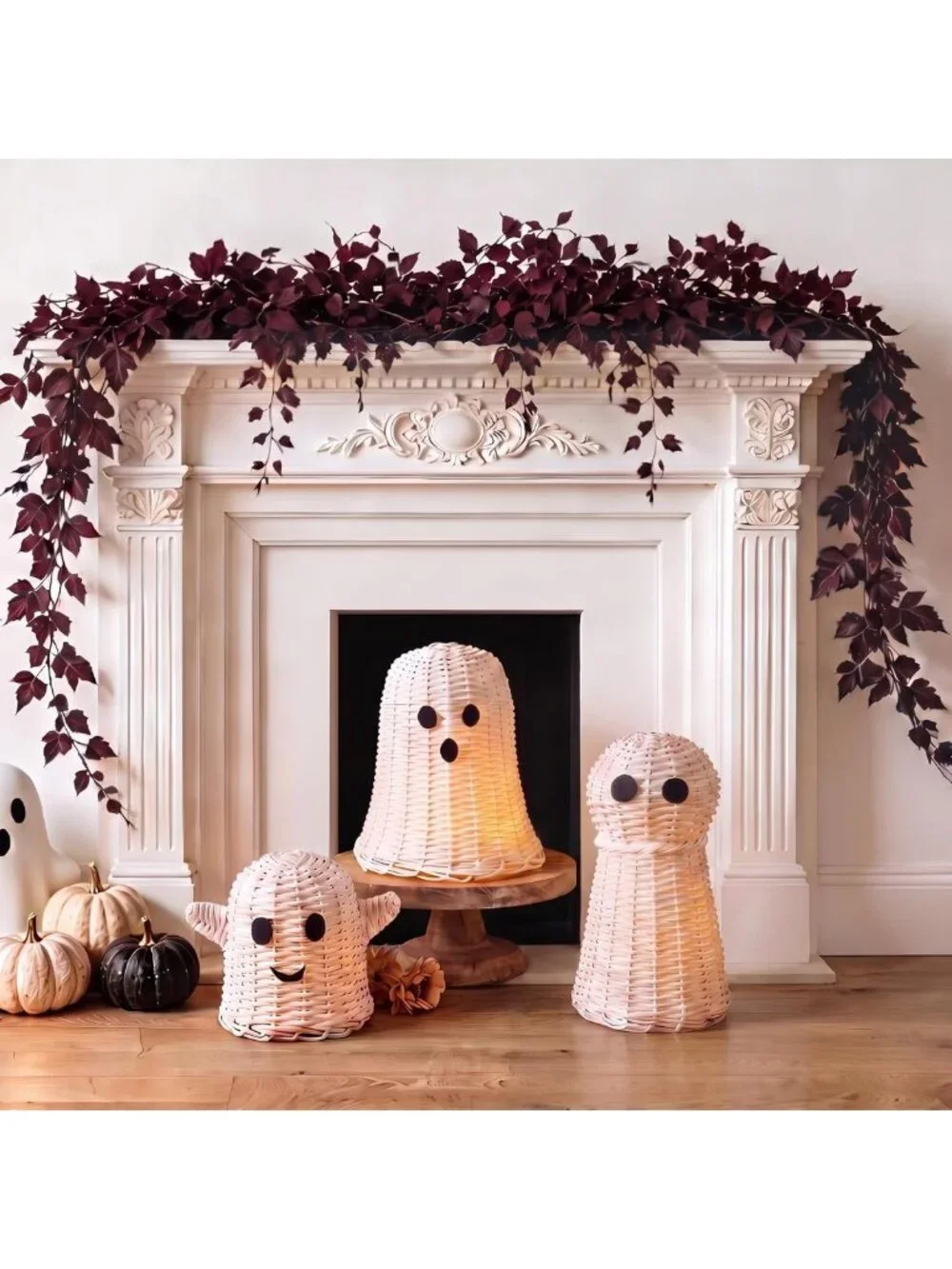 3 Pcs Halloween Wicker Ghost Decor - White Rattan Figurines for Spooky Home